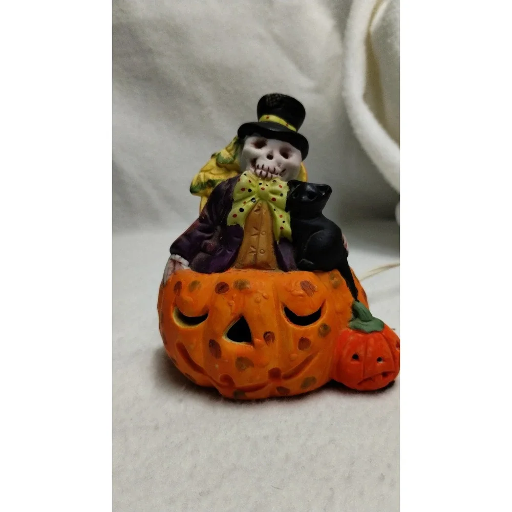 Vintage Prisco Halloween Scarecrow Cat Pumpkin Ceramic‎ Light Up Decoration